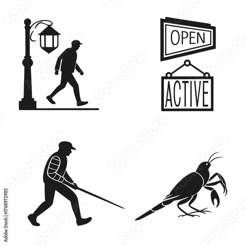 Four icons showing a man walking, open sign, fishing, and mantis shrimp