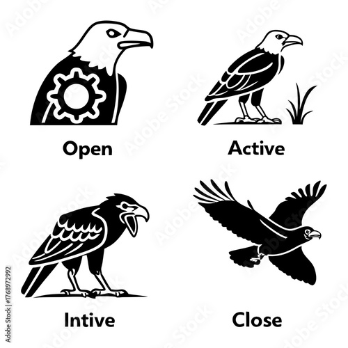 Four eagle icons showing open, active, intive, and close states