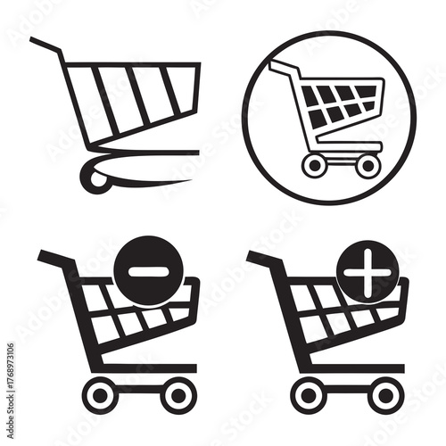 Shopping cart icons set, add to cart, remove from cart