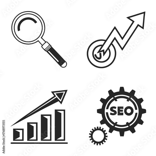 Seo optimization icons set, including search, chart, gear, and coin