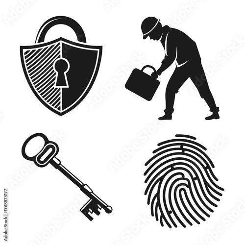 Security icons set, including shield, worker, key, and fingerprint