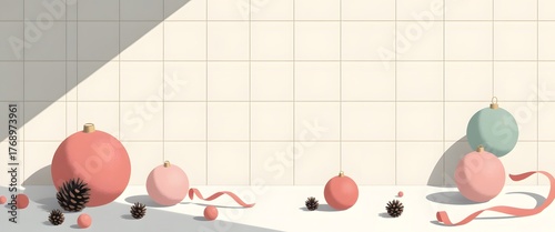 Festive Ornaments and Pinecones on a Modern Tiled Background for Holiday Decor