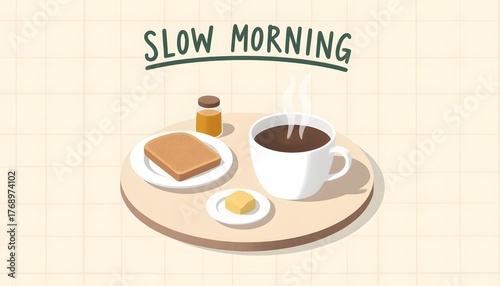 Warm Coffee, Toast, Honey, and Butter on a Plate for a Relaxed Slow Morning Scene