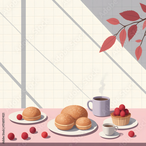 Cozy Morning Breakfast Table with Pastries, Fruits, and Coffee Under Soft Light