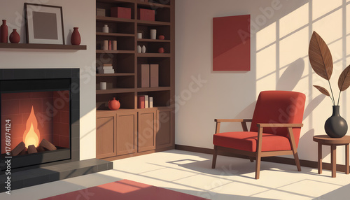 Cozy living room interior with modern decor and warm fireplace ambiance setting