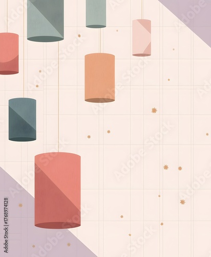 Colorful Hanging Cylinders in Abstract Interior Design with Soft Pastel Background