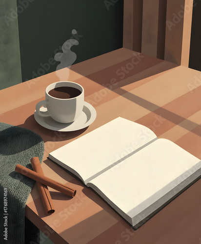 Cozy Scene with Coffee Cup, Open Book, and Cinnamon Sticks on a Wooden Table