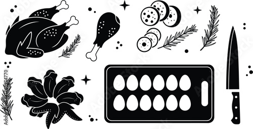 Black and white food illustration with chicken and eggs vector art editable vector