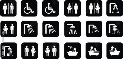 Bathroom signs vector set restroom and shower icons black and white editable vector