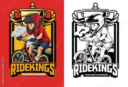 Childern playing balance bike illustration for logo with black and white version