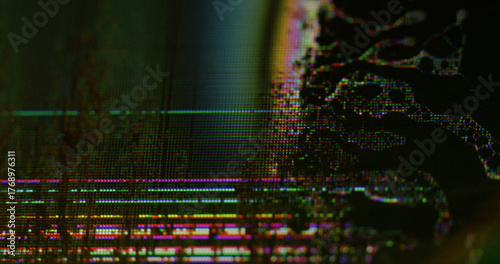 Glitch art. Error screen. Defocused damage texture noise on TV monitor color waves effect static graphic video liquid on computer background.