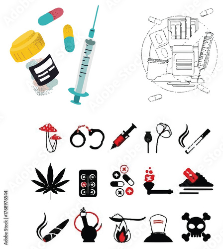 Drug Addiction Concept – Man Sitting Alone with Shadow of Syringe Anti Drugs Day Illustration – Health Awareness Vector Design World No Drugs Day Poster with Stop Sign and Broken Pills