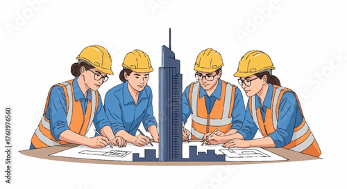 Four construction professionals in hard hats and safety vests collaborate around blueprints and a skyscraper model, planning a building project.