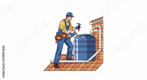 A skilled worker in overalls and a tool belt is shown installing a large blue water tank on a tiled roof.