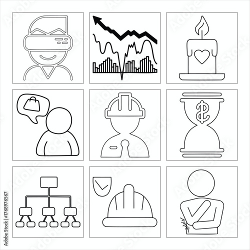 Diverse Icon Set representing technology business construction safety and personal health