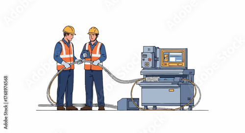 Two construction workers in hard hats and safety vests collaborate while connecting cables to a complex industrial machine with a digital display.