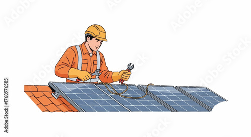 A worker in an orange uniform and hard hat installs solar panels on a rooftop, using tools to connect wiring.