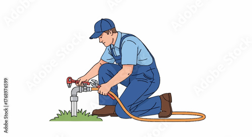 A plumber kneels to connect a hose to an outdoor water faucet, water flowing.
