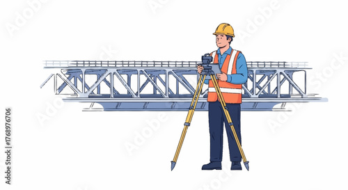 A construction worker using surveying equipment near a steel bridge structure.