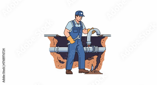 A plumber in overalls is repairing a broken water pipe underground with a wrench.
