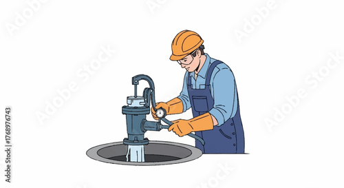 Worker in hard hat and gloves operates a water pump mechanism over a manhole, checking the pressure gauge.