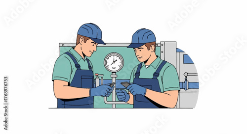 Two technicians in overalls and caps inspect a pressure gauge connected to pipes in an industrial setting.