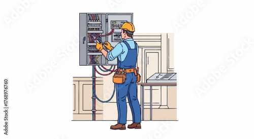 An electrician wearing a hard hat and overalls works on an electrical panel with wires and tools.