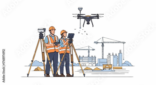 Two construction workers operate surveying equipment while a drone flies overhead, overseeing a construction site.