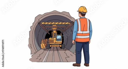 Construction worker in safety vest and hard hat overseeing tunnel boring machine inside a newly constructed tunnel.