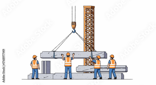 Construction workers in safety gear guiding a heavy concrete beam being lifted by a crane.