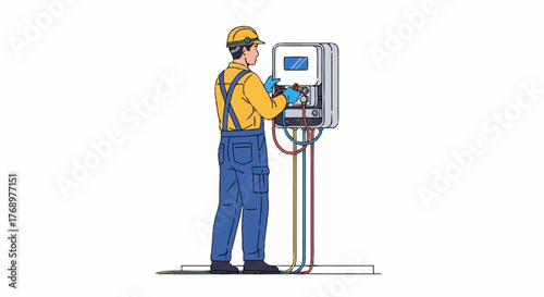 A professional electrician in a hard hat and overalls performs maintenance on a wall-mounted electrical inverter.