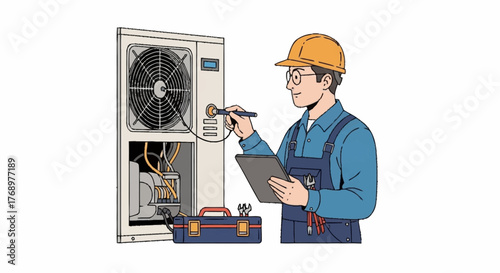 A male technician wearing a hard hat and overalls inspects an outdoor HVAC unit with a tool and a tablet.