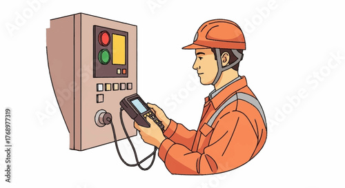 An engineer in a hard hat and orange uniform uses a handheld device to inspect an industrial control panel.