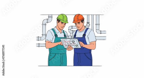 Two male construction workers in hard hats and overalls collaborate while reviewing a blueprint or diagram, surrounded by pipes and plumbing systems.