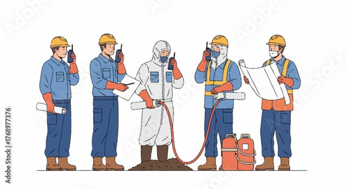 A team of construction workers in protective gear, some holding blueprints and communicating via radios, while one is in a full hazmat suit with equipment.