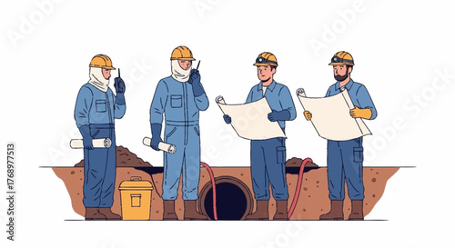 Construction crew in protective gear collaborating on an underground pipeline project, reviewing blueprints and communicating.