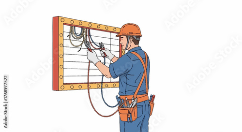 An electrician in a hard hat working on a wiring panel, carefully inspecting connections.