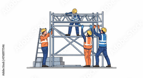 Construction workers assembling scaffolding structure, collaborating on a building project with safety gear.
