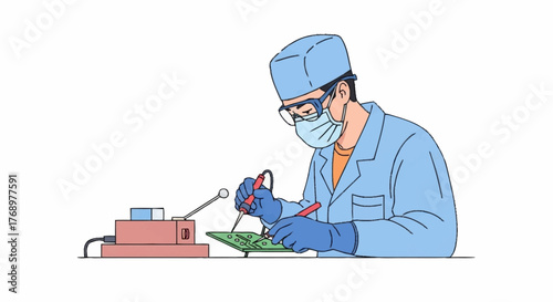 An engineer in protective gear carefully soldering electronic components onto a circuit board.