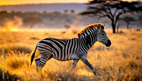 Majestic Zebra Roaming Freely in Golden African Savanna at Sunset.