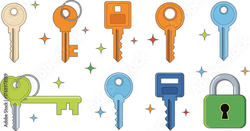 Colorful keys and padlock vector illustration security concept editable vector
