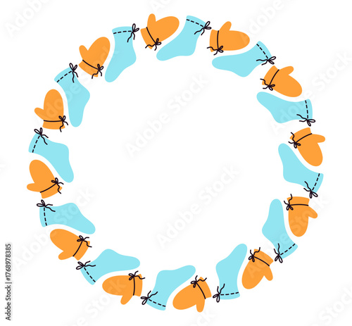 Socks and gloves circle frame. Round border made of doodle hand drawn elements. Arranged in a circle for stickers, banners.