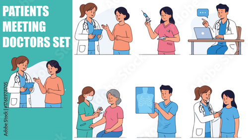 Patients and Doctors Meeting Set. Medical Staff Checking Health, Consultation, Blood Test and Advice in Hospital. Flat Vector Illustration.