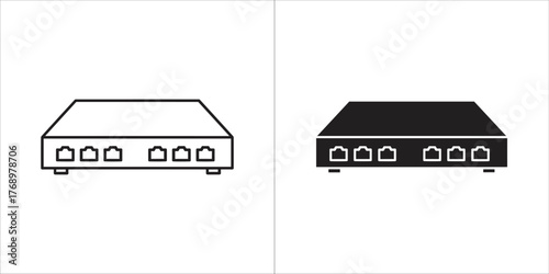Illustration of a network switch, featuring a line art version and a solid black version