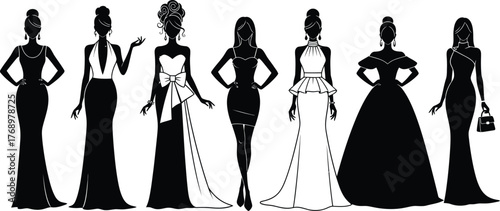 Elegant evening dresses silhouettes fashion gowns formal wear style editable vector