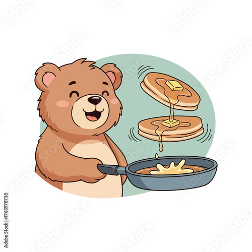 Adorable cartoon bear cheerfully flipping pancakes with syrup and butter