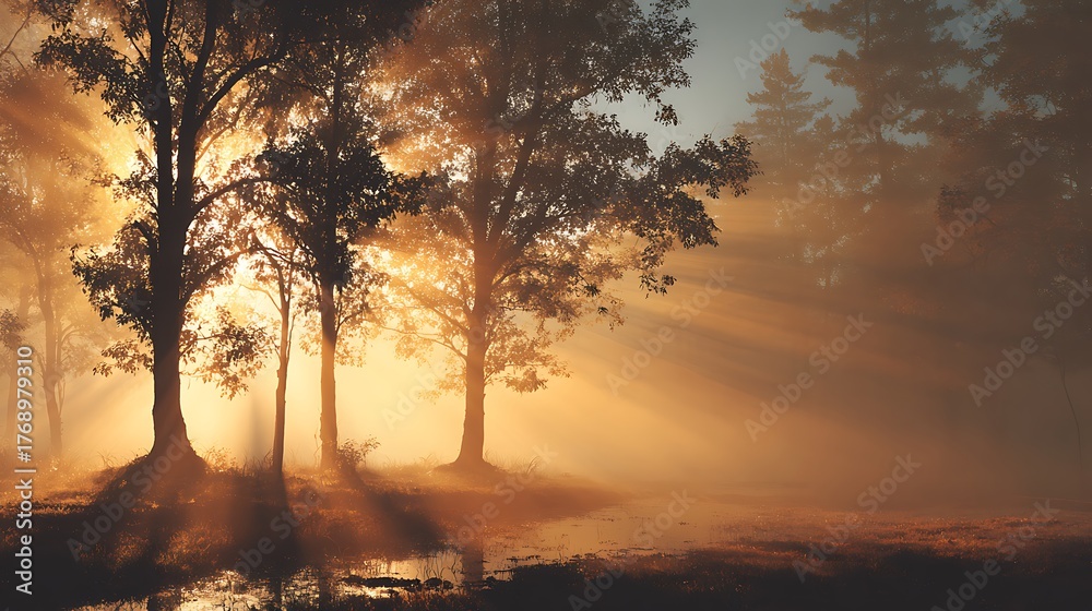Fototapeta premium Golden light filtering through forest fog with warm glow and misty air, left tree silhouettes and right empty area, perfect natural background for wellness, calm and eco concepts.