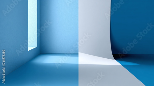 Modern abstract interior space with a blend of light and shadow, featuring geometric shapes and forms. The color palette of blue shades enhances the visual composition