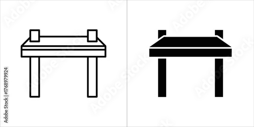 Illustration of a traditional asian gate, presented in both a line drawing and a solid black fill