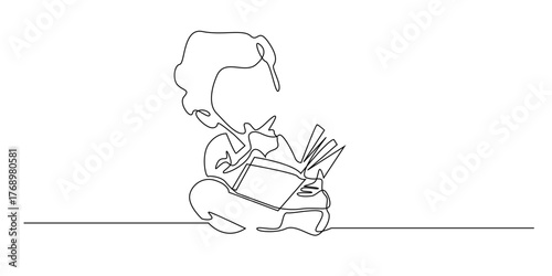 Continuous line drawing of a child reading a book with a thoughtful expression, placing a finger on the chin. One line art showing a curious kid thinking while studying or learning.
